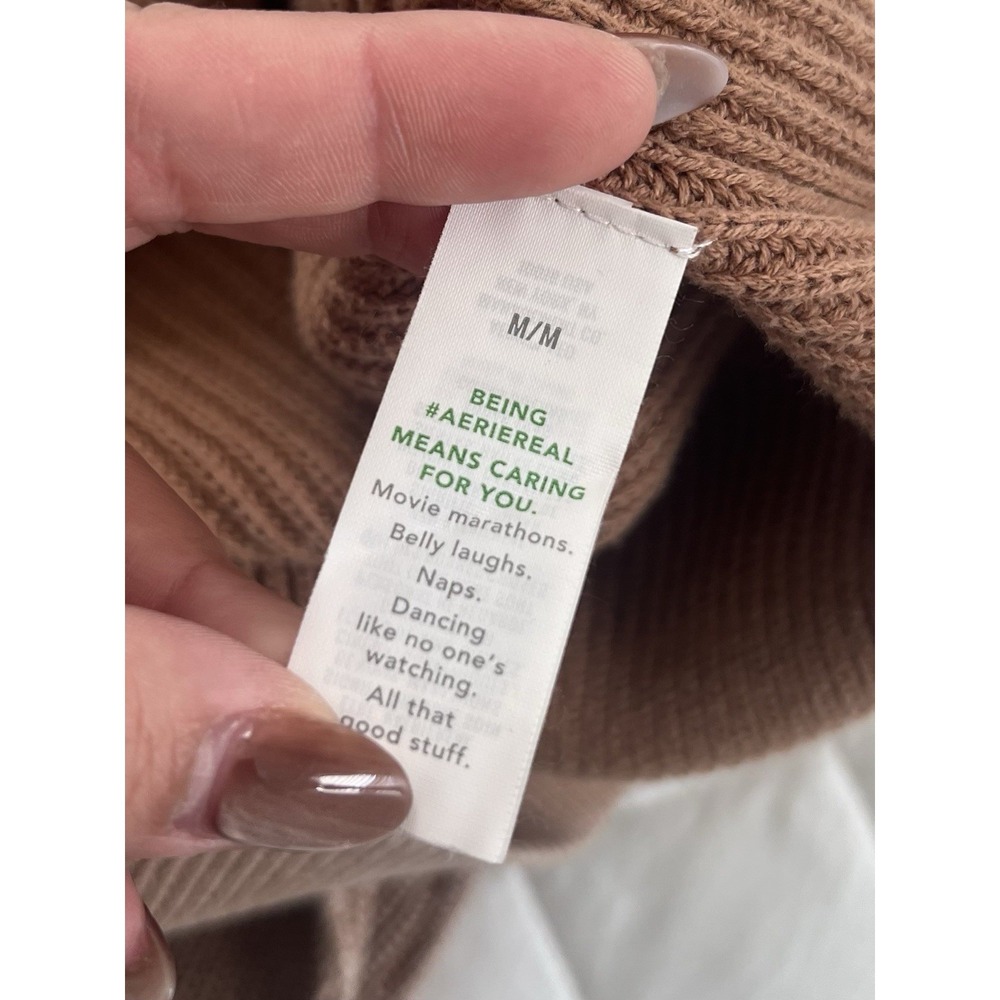 Aerie Ribbed Knit Sweater Balloon Sleeve CrewNeck Brown Cozy Casual Lounge Top M - Picture 9 of 10
